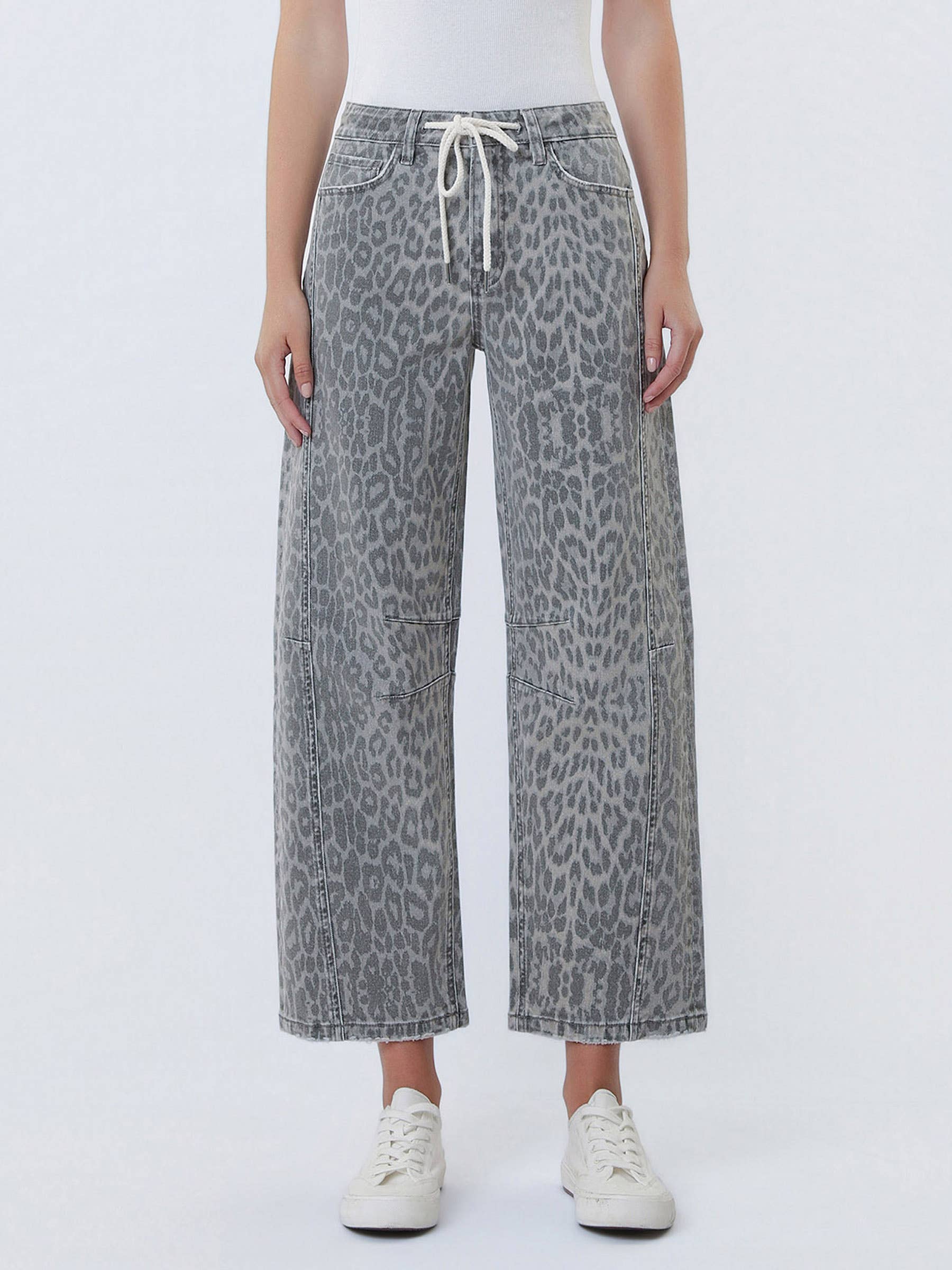 HIGH RISE DRAWSTRING GREY LEOPARD BARREL JEANS